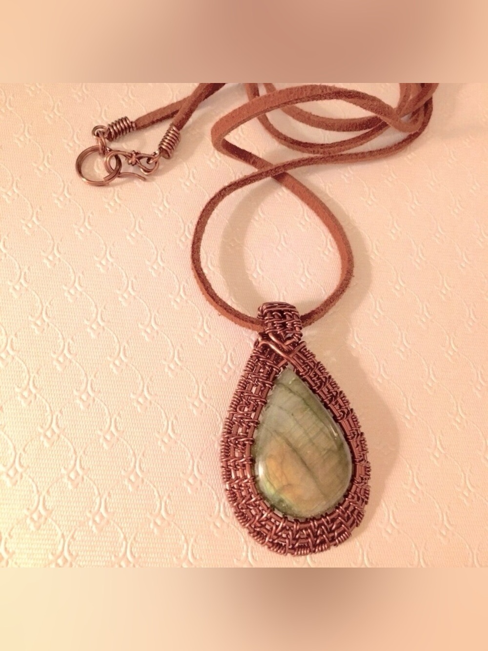 Labradorite Stone wrapped in Bronze Artesian Wire Wrapped + leather corded chain